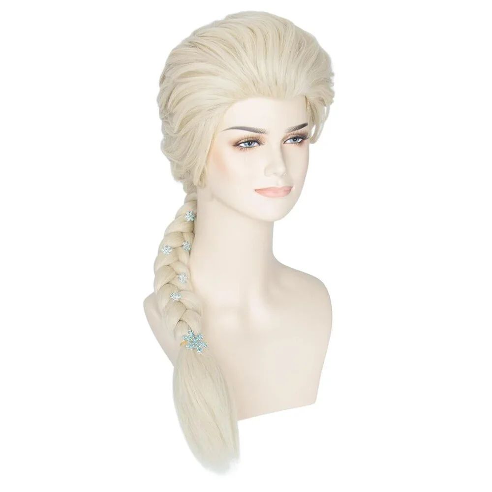 Women Blonde Braided Wig with Snowflake Hairpin Cosplay Costume Accessory